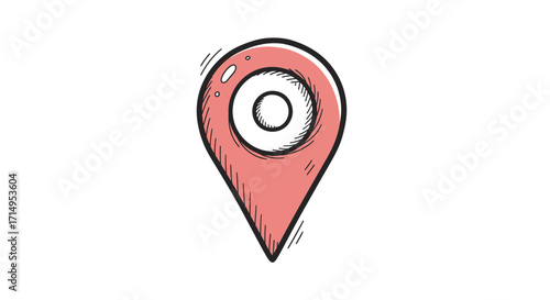 Hand-drawn pink location pin icon with a white circle indicating a map point.