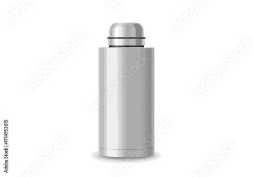 Gray thermos with a rounded lid and a black seal sits upright