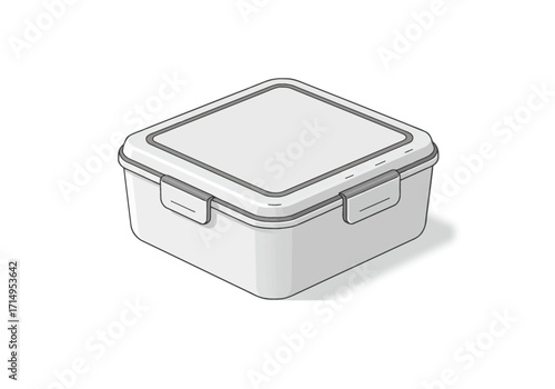 Gray  white square plastic food container with locking latches rendered in a cartoonlike style with drop shadow