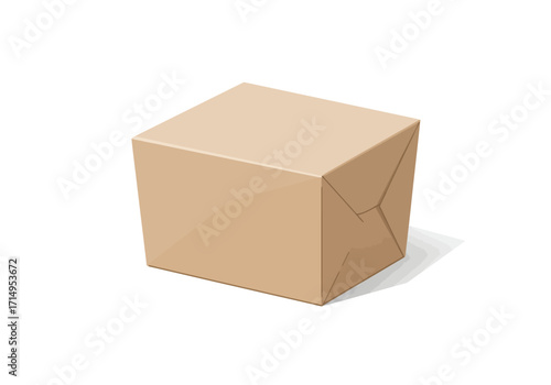 Illustration of a closed tancolored cubeshaped cardboard box with a cast shadow on a white background