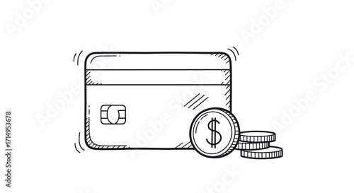 Hand-drawn illustration of a credit card with dollar coins.