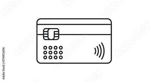Minimalist line art icon of a credit card with an EMV chip and contactless payment symbol.