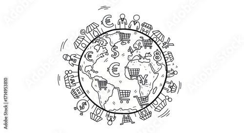 Globalized Economy Illustrated on a World Map.