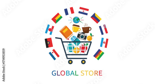 Global Store Shopping Cart with International Flags and Goods.