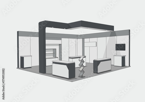 Perspective of a commercial trade show booth with product displays shelving and television screen