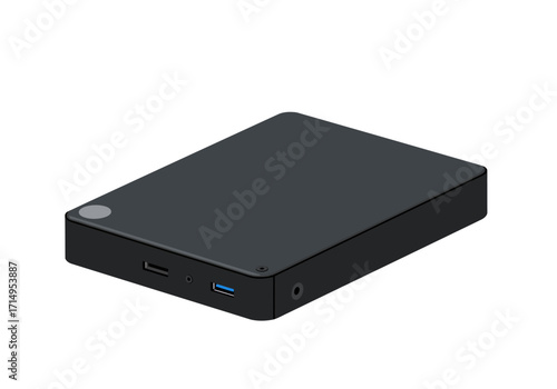Rectangular dark gray device with portscircles visible on its front edge lies on a white surface