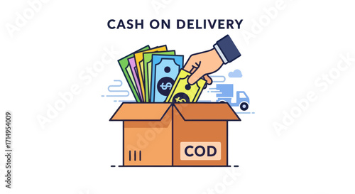 Hand Placing Cash into Cardboard Box for Cash on Delivery.