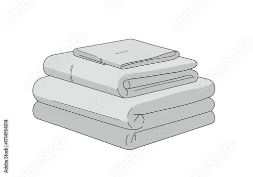 Stack of folded gray bed sheets neatly piled on a white surface