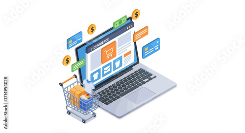 Isometric Online Shopping Concept with Laptop Shopping Cart and Payment.