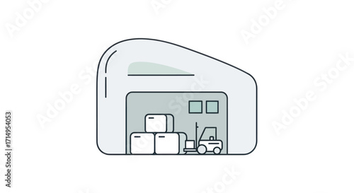 Line art illustration of a warehouse with a forklift and stacked boxes.