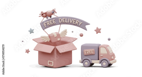 Free Delivery Concept: Open Box Toy Truck and Airplane.