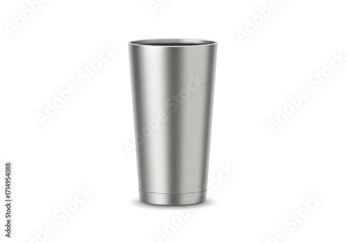 Stainless steel tumbler tapered stands on a white background casting a soft shadow