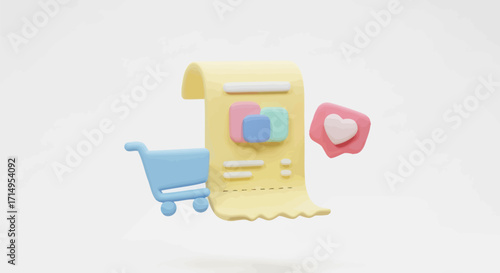 Pastel-Colored Receipt with Shopping Cart and Social Media Icons.