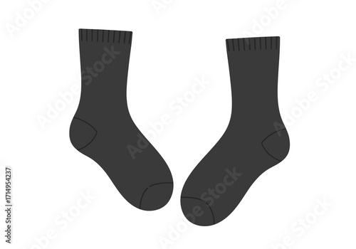 Two dark gray socks slightly bent stand sidebyside on a plain white background