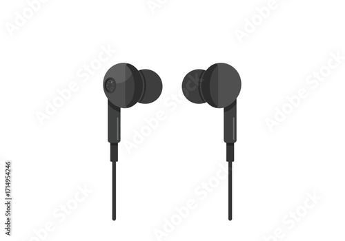 Two grayscale earbuds with attached wires placed against a stark white backdrop