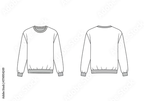 Two identical line art drawings of a white longsleeved sweatshirt One is frontfacing the other shows the back