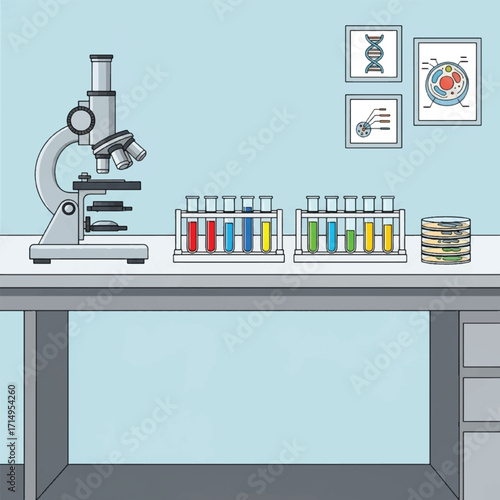 A laboratory bench with a microscope, test tubes filled with colorful liquids, and petri dishes, suggesting a scientific research setting.
