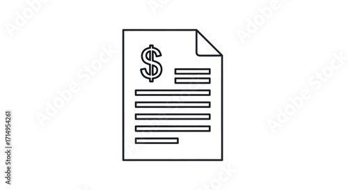 Simple black line icon of a financial document invoice or bill with a dollar sign symbol.