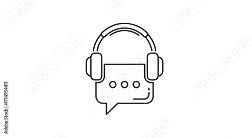 Outline Illustration of Headphones and Speech Bubble.