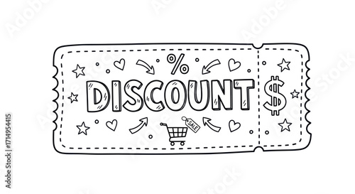 Hand-drawn Discount Coupon Ticket with Doodle Decorations.