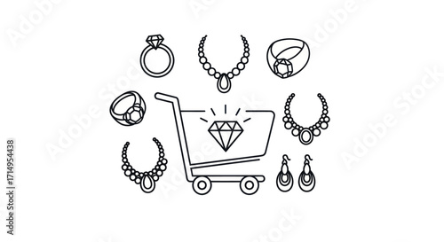Jewelry Shopping Cart Outline: Rings Necklaces and Earrings Illustration.