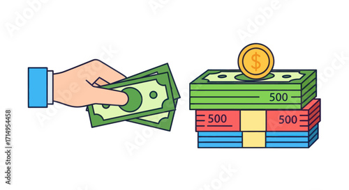 Cartoon hand holding green banknotes next to colorful stacks of money and a gold coin.