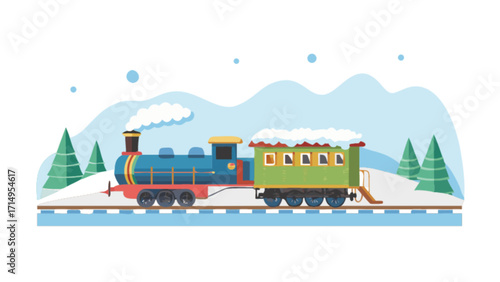 Winter train ride vector illustration, holiday season train, christmas train, steam engine train ride