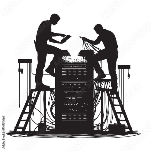 Technicians working on server rack cables ladders
