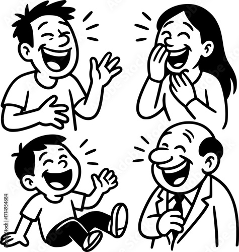 Black and white vector of playful cartoon characters laughing with exaggerated expressions, minimalist line art, bold outlines, cheerful mood