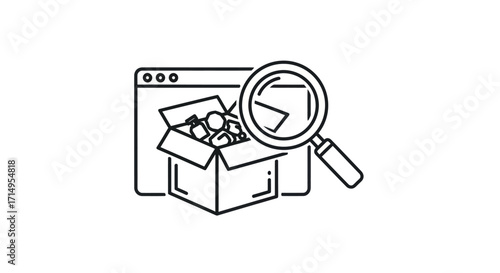 Vector line art icon of a magnifying glass inspecting an open package in a browser window.