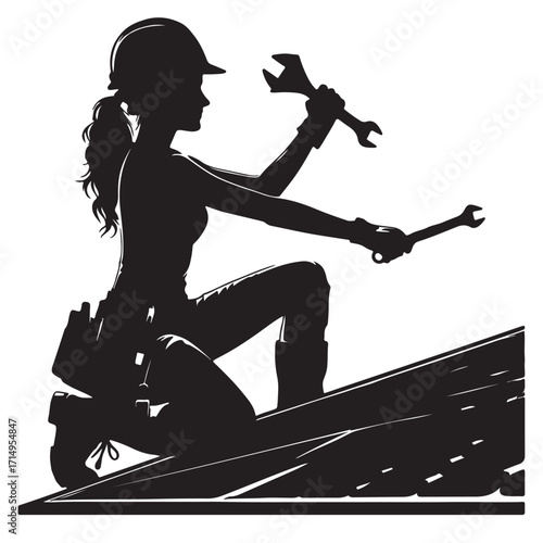 Woman worker with tools on construction site silhouette