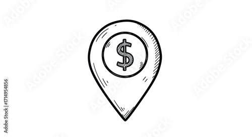 Hand-drawn map pin icon with a dollar sign symbol for financial location.