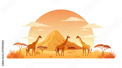 Vector illustration of safari landscape with giraffes mountain and sunset background design
