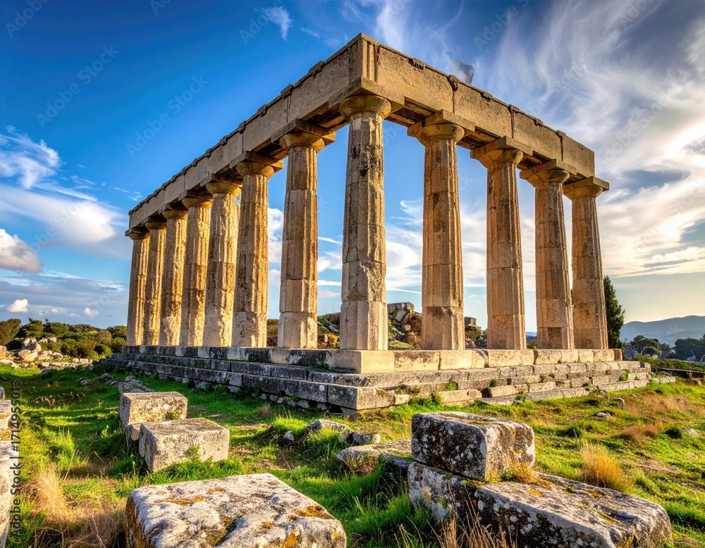 Fototapeta premium Ancient Doric Temple Ruins Structure in Sunny Weather Under Blue Sky