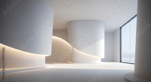 Modern architectural interior with soft curved walls and ambient lighting creating a serene and minimalist atmosphere