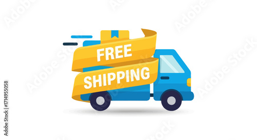 Blue delivery truck with FREE SHIPPING banner and package.