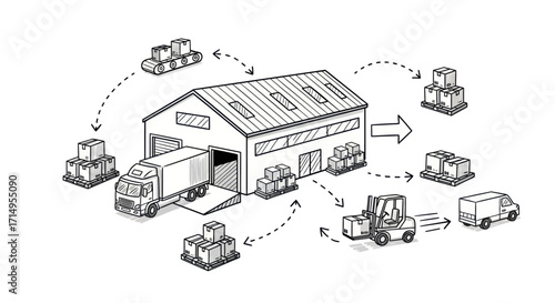 Hand-drawn illustration of a warehouse logistics and supply chain process with trucks forklift and cargo boxes.