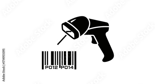 Monochrome icon of a handheld barcode scanner with a laser beam reading a linear product code.