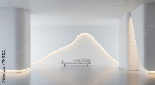 Minimalist modern interior design with a sculptural white reception desk and soft ambient lighting