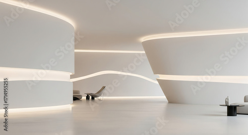 Modern architectural interior with flowing white walls and soft ambient led lighting creating a futuristic atmosphere