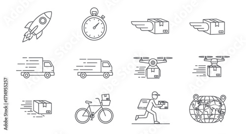 Collection of Delivery and Logistics Icons Featuring Vehicles Drones and Packages.