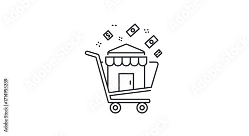Online Shopping Cart with Store and Cash Icon.