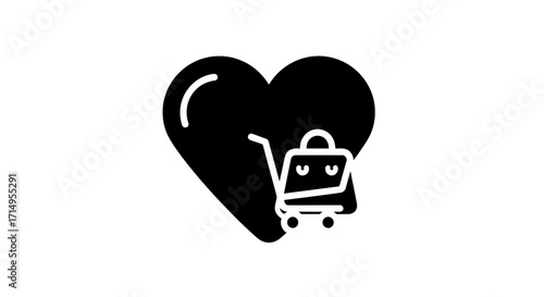 Black Heart Icon with Shopping Cart Symbolizing Love of Shopping.