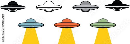 Eight colorful UFO illustrations with yellow beams, flying saucer vector icons, alien spaceship design, extraterrestrial abduction concept, cartoon style space art