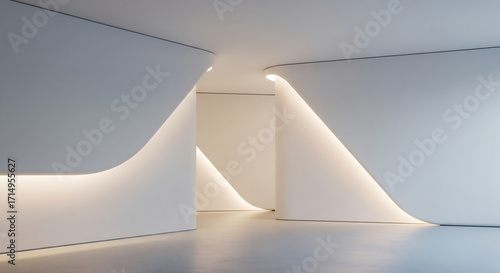 Modern architectural interior with flowing white walls and soft ambient lighting creating a futuristic and minimalist space