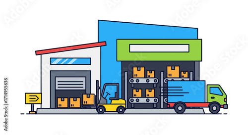 Cartoon illustration of a warehouse logistics center with a forklift loading a delivery truck with boxes.
