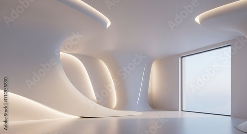 Modern futuristic architectural interior design with soft ambient lighting and smooth curved walls