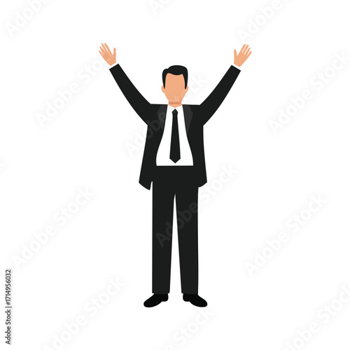 Man in suit with arms raised in celebration on white background