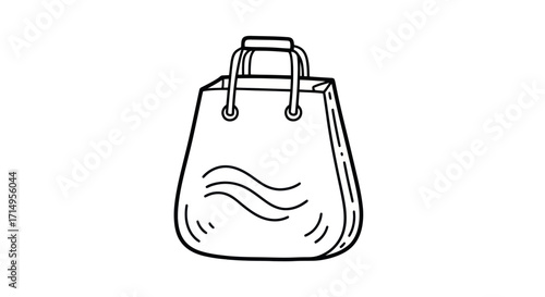 Hand-drawn illustration of a simple shopping bag with wavy lines.