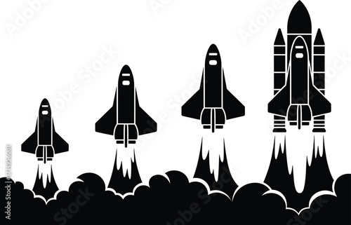 Four space shuttles launching in sequence, black silhouette vector illustration, flames and smoke, space exploration technology, rocket progression, aerospace engineering art